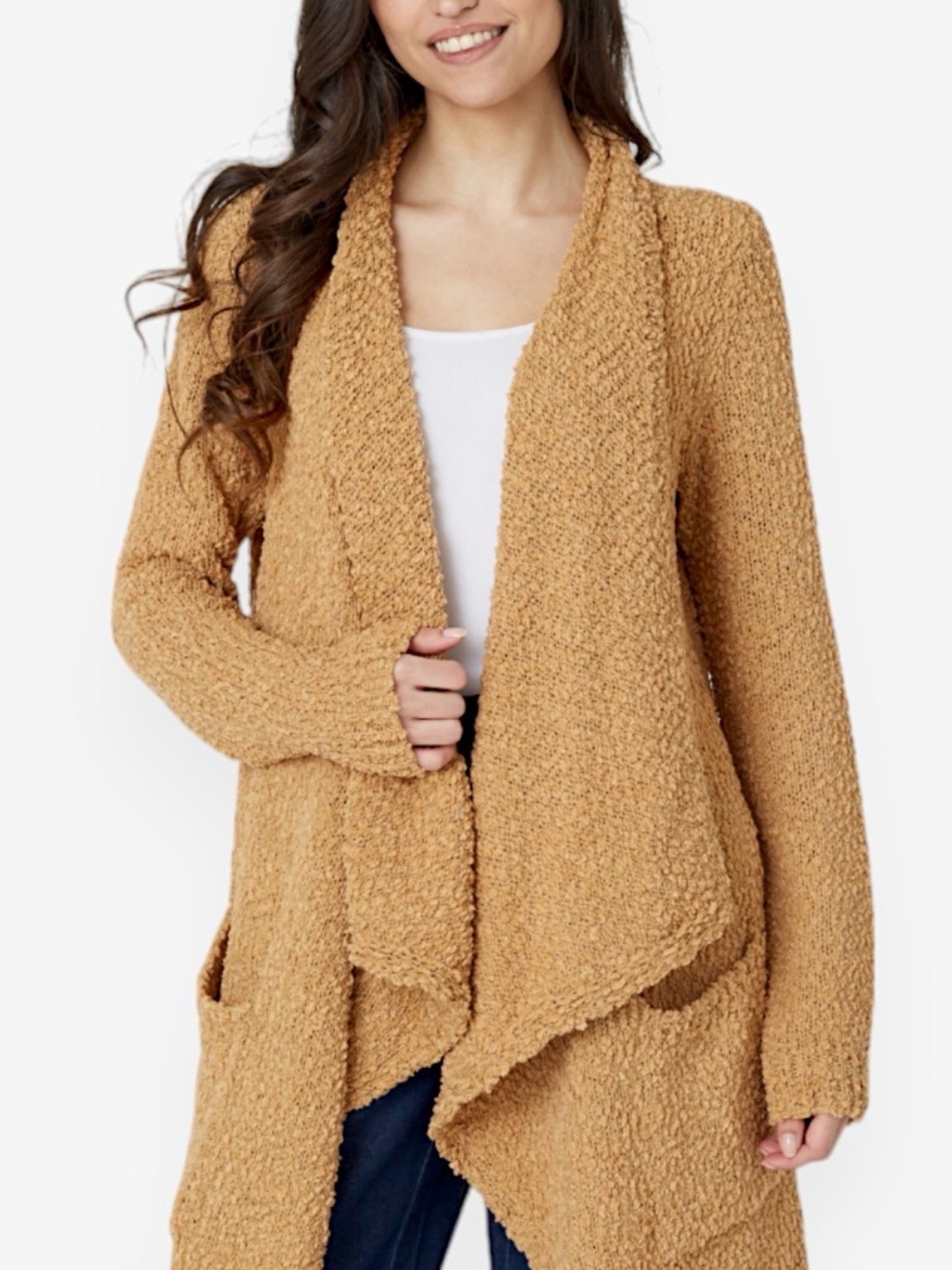 Nina Leonard Cozy Open-Front Bouclé Cardigan Sweater - Camel
